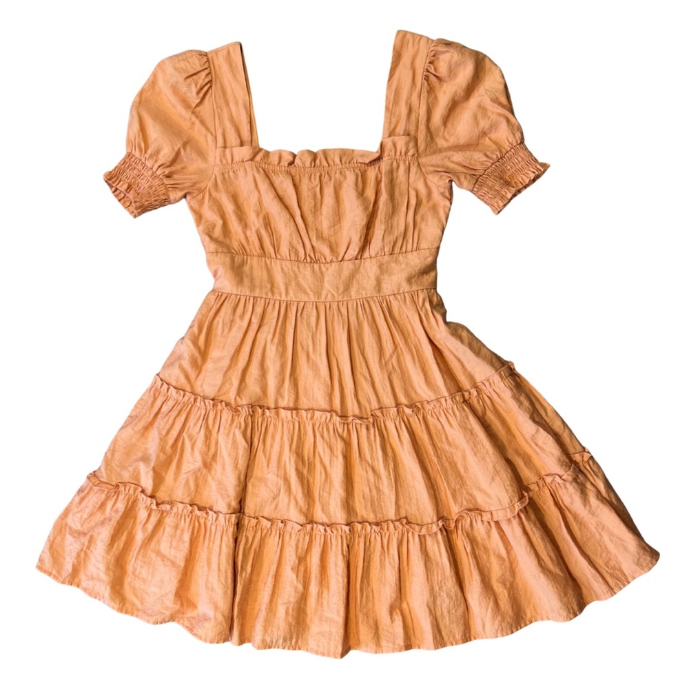 Blu Pepper Puff Tier Smock Neck Peach Fairy Boho Cottagecore Mini Dress Small